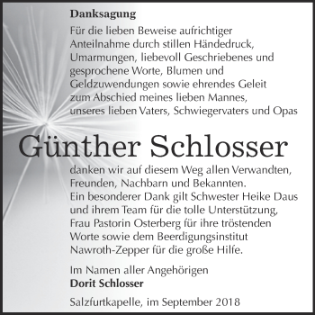 Traueranzeige von Günther Schlosser von WVG - Wochenspiegel Bitterfeld