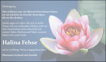 Traueranzeige von Halina Fehse von Mitteldeutsche Zeitung Bitterfeld