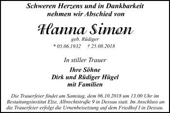 Traueranzeige von Hanna Simon von Mitteldeutsche Zeitung Dessau-Roßlau
