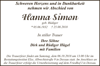 Traueranzeige von Hanna Simon von WVG - Wochenspiegel Dessau / Köthen