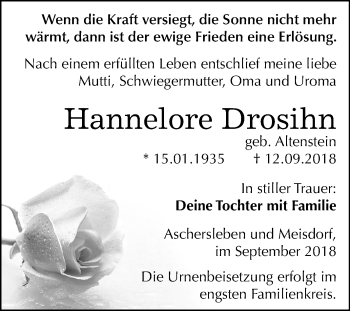 Traueranzeige von Hannelore Drosihn von Mitteldeutsche Zeitung Aschersleben