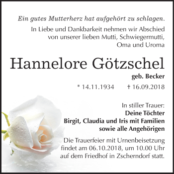 Traueranzeige von Hannelore Götzschel von Mitteldeutsche Zeitung Bitterfeld