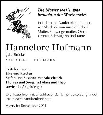 Traueranzeige von Hannelore Hofmann von Mitteldeutsche Zeitung