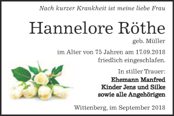 Traueranzeige von Hannelore Röthe von WVG - Wochenspiegel Wittenberg