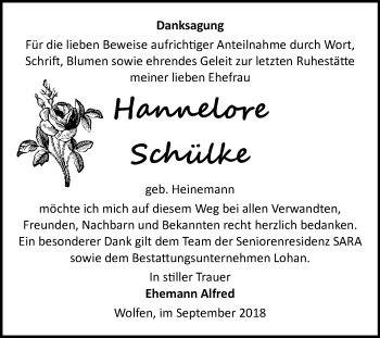 Traueranzeige von Hannelore Schülke von Mitteldeutsche Zeitung Bitterfeld