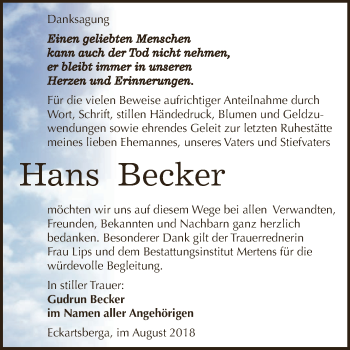 Traueranzeige von Hans Becker von WVG - Wochenspiegel NMB / WSF / ZTZ