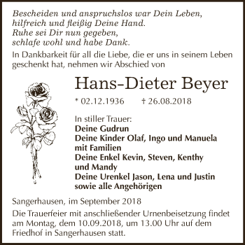 Traueranzeige von Hans-Dieter Beyer von Super Sonntag SGH Mansf. Land