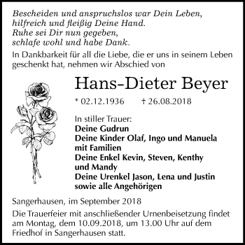 Traueranzeige von Hans-Dieter Beyer von Mitteldeutsche Zeitung Sangerhausen