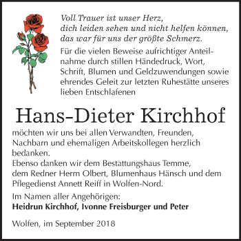 Traueranzeige von Hans-Dieter Kirchhof von Mitteldeutsche Zeitung Bitterfeld