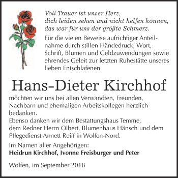 Traueranzeige von Hans-Dieter Kirchhof von WVG - Wochenspiegel Bitterfeld