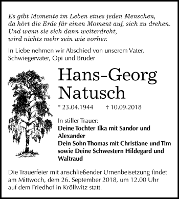Traueranzeige von Hans-Georg Natusch von Mitteldeutsche Zeitung Halle/Saalkreis