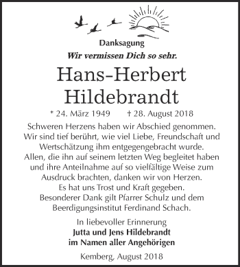Traueranzeige von Hans-Herbert Hildebrandt von Super Sonntag Wittenberg
