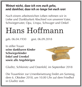 Traueranzeige von Hans Hoffmann von Mitteldeutsche Zeitung Zeitz