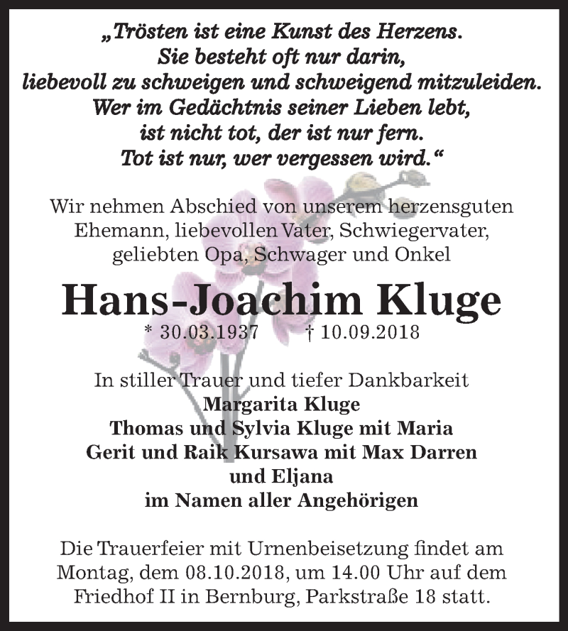  Traueranzeige für Hans-Joachim Kluge vom 22.09.2018 aus Mitteldeutsche Zeitung