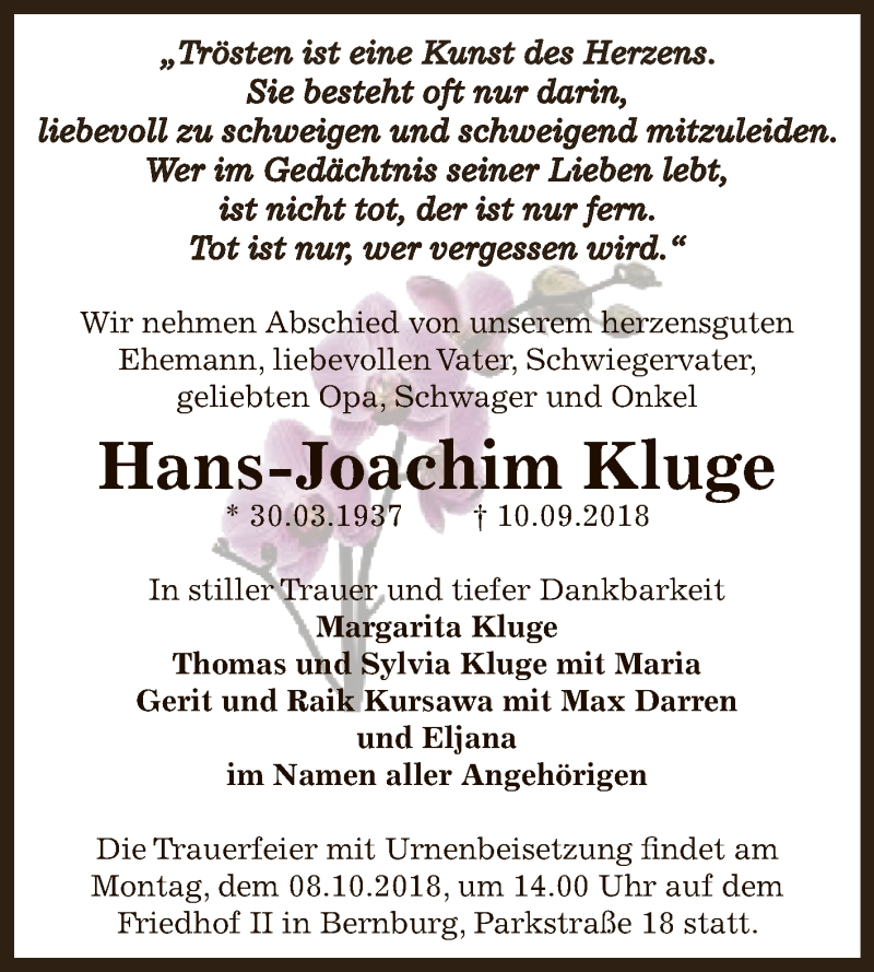 Traueranzeige für Hans-Joachim Kluge vom 22.09.2018 aus Super Sonntag Bernburg