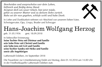 Traueranzeige von Hans-Joachim Wolfgang Herzog von Mitteldeutsche Zeitung