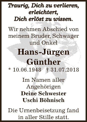 Traueranzeige von Hans-Jürgen Günther von WVG - Wochenspiegel Dessau / Köthen