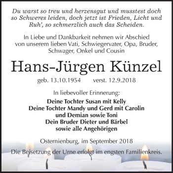 Traueranzeige von Hans-Jürgen Künzel von Mitteldeutsche Zeitung Köthen