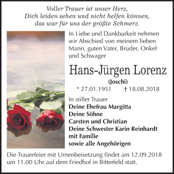 Traueranzeige von Hans-Jürgen Lorenz von Mitteldeutsche Zeitung Bitterfeld