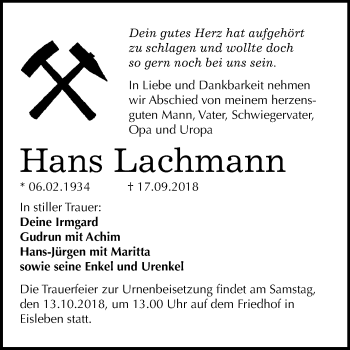 Traueranzeige von Hans Lachmann von Mitteldeutsche Zeitung