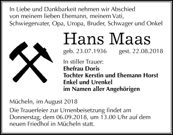 Traueranzeige von Hans Maas von Mitteldeutsche Zeitung Merseburg/Querfurt