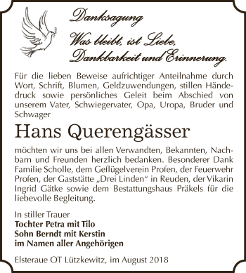 Traueranzeige von Hans Querengässer von Super Sonntag Zeitz