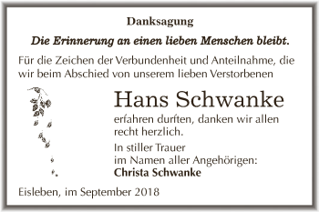Traueranzeige von Hans Schwanke von Wochenspiegel Mansfelder Land