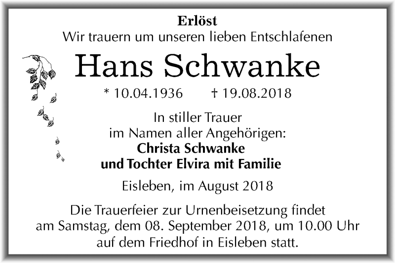  Traueranzeige für Hans Schwanke vom 01.09.2018 aus Mitteldeutsche Zeitung