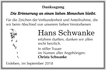 Traueranzeige von Hans Schwanke von Mitteldeutsche Zeitung