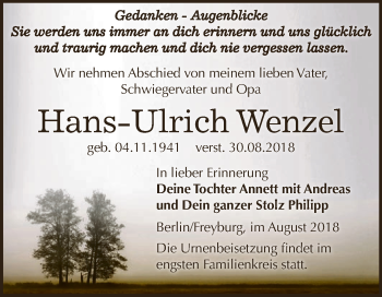 Traueranzeige von Hans-Ulrich Wenzel von WVG - Wochenspiegel NMB / WSF / ZTZ