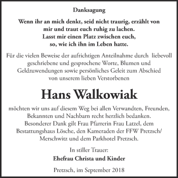 Traueranzeige von Hans Walkowiak von WVG - Wochenspiegel Wittenberg