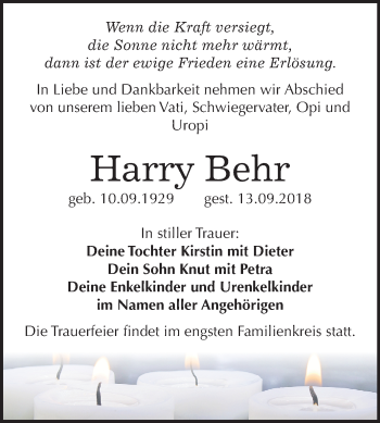 Traueranzeige von Harry Behr von Mitteldeutsche Zeitung Bitterfeld