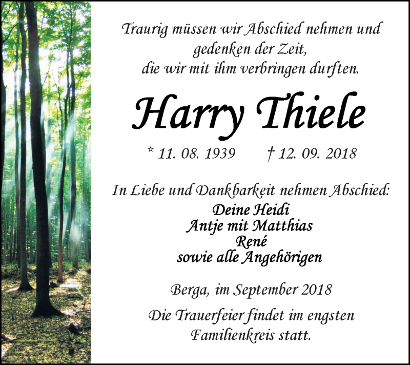  Traueranzeige für Harry Thiele vom 15.09.2018 aus Mitteldeutsche Zeitung