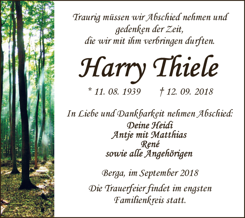  Traueranzeige für Harry Thiele vom 15.09.2018 aus Super Sonntag SGH Mansf. Land