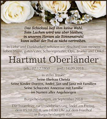 Traueranzeige von Hartmut Oberländer von WVG - Wochenspiegel NMB / WSF / ZTZ