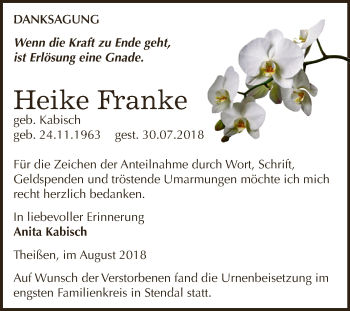 Traueranzeige von Heike Franke von Super Sonntag Zeitz