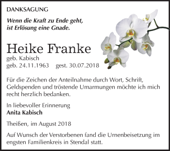 Traueranzeige von Heike Franke von Mitteldeutsche Zeitung Zeitz