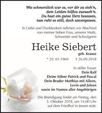 Traueranzeige von Heike Siebert von WVG - Wochenspiegel Wittenberg