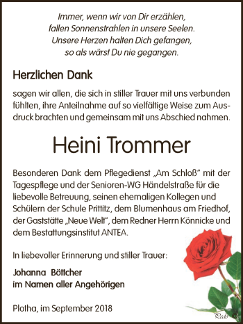 Traueranzeige von Heini Trommer von WVG - Wochenspiegel NMB / WSF / ZTZ