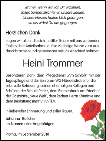 Traueranzeige von Heini Trommer von Mitteldeutsche Zeitung Weißenfels
