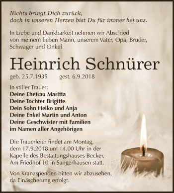 Traueranzeige von Heinrich Schnürer von Super Sonntag SGH Mansf. Land