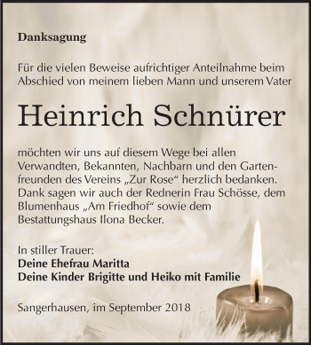 Traueranzeige von Heinrich Schnürer von Mitteldeutsche Zeitung Sangerhausen