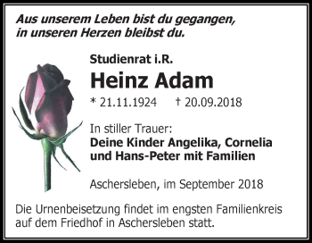Traueranzeige von Heinz Adam von Mitteldeutsche Zeitung Aschersleben