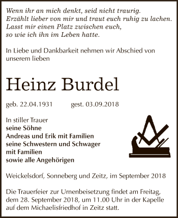 Traueranzeige von Heinz Burdel von Super Sonntag Zeitz