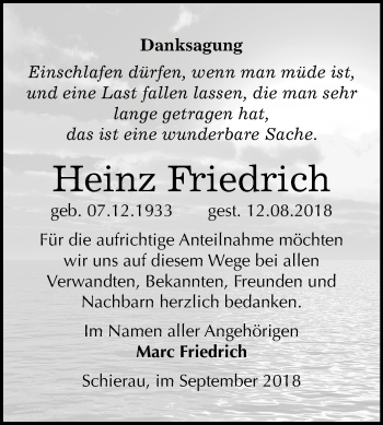 Traueranzeige von Heinz Friedrich von Mitteldeutsche Zeitung Bitterfeld