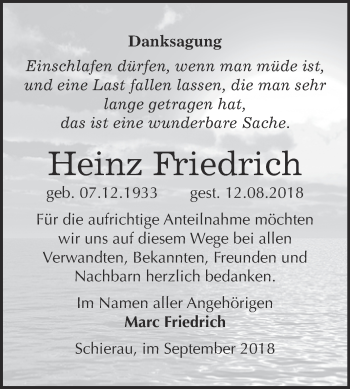 Traueranzeige von Heinz Friedrich von WVG - Wochenspiegel Bitterfeld