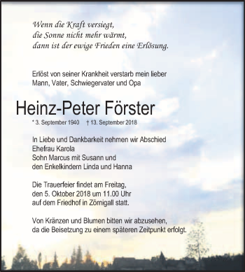 Traueranzeige von Heinz-Peter Förster von WVG - Wochenspiegel Wittenberg
