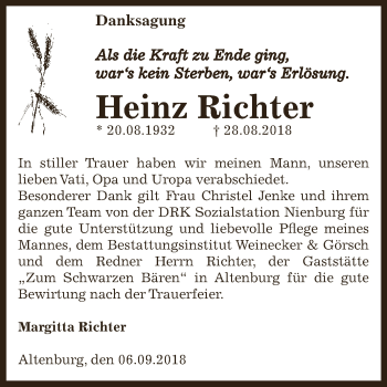 Traueranzeige von Heinz Richter von Super Sonntag Bernburg