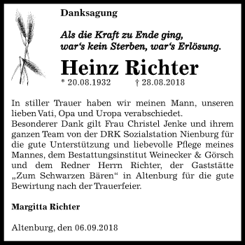 Traueranzeige von Heinz Richter von Mitteldeutsche Zeitung Bernburg