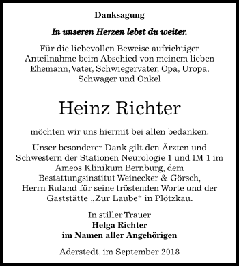 Traueranzeige von Heinz Richter von Mitteldeutsche Zeitung Bernburg
